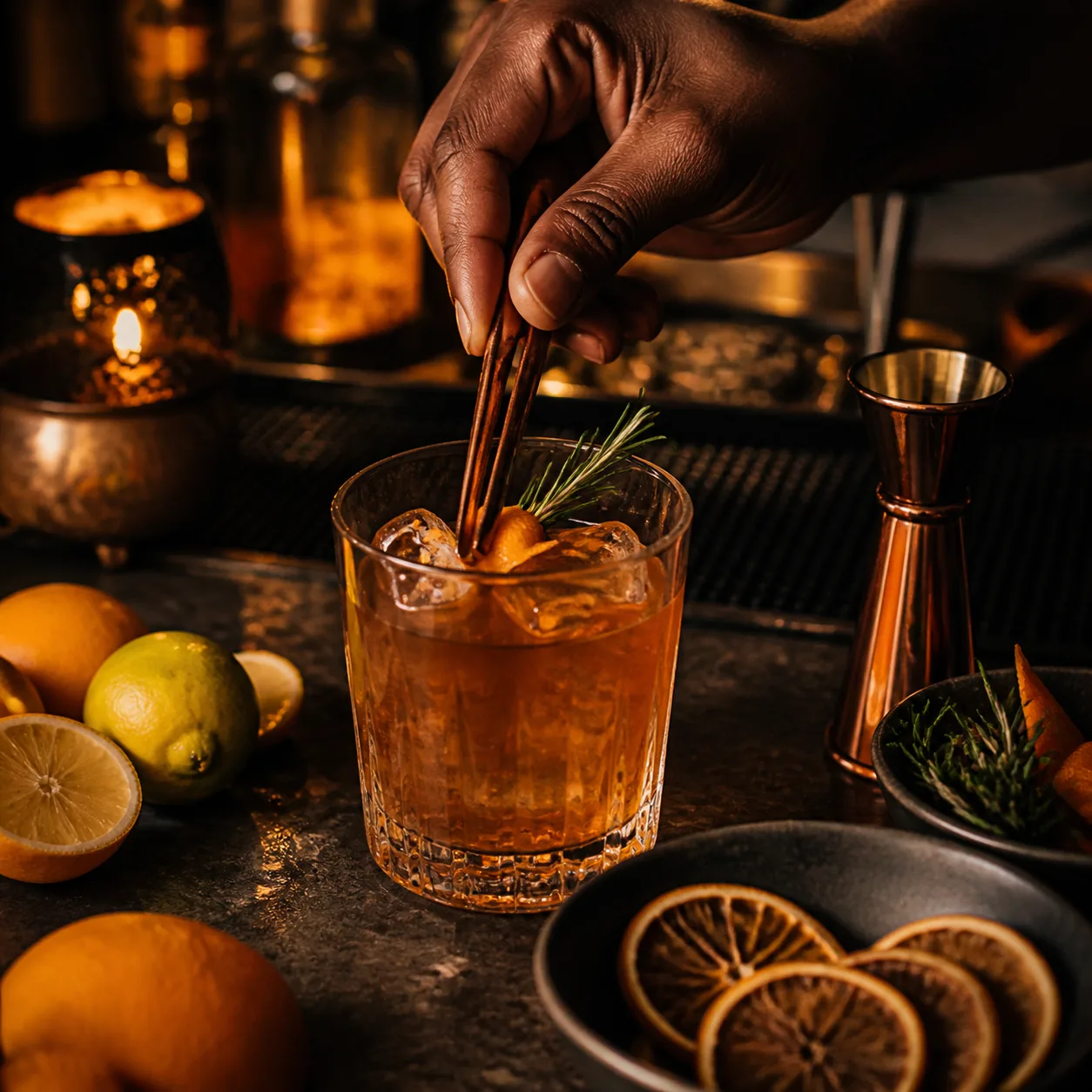Candlelit cocktail detail with citrus and herbs
