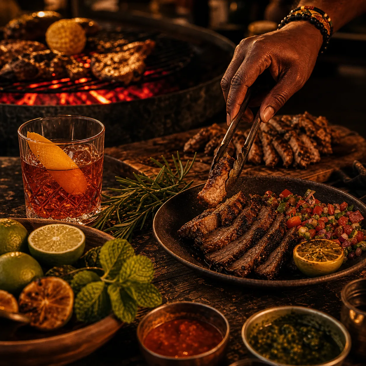 Fire-lit Kenyan food and cocktail detail