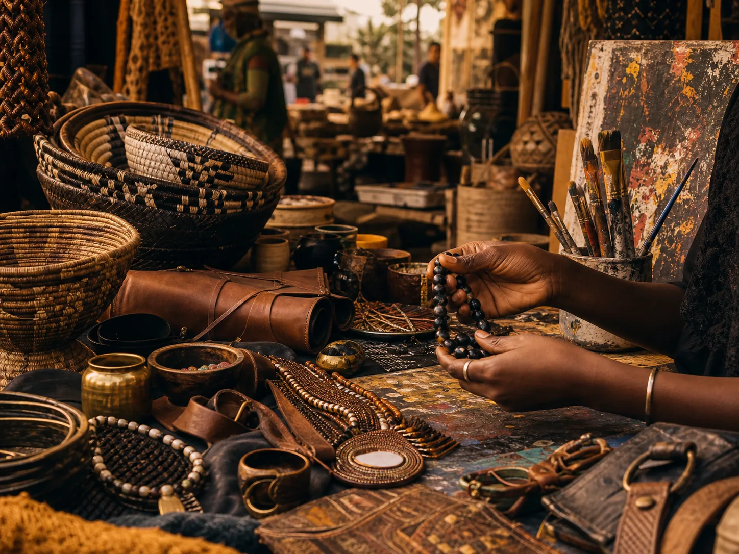 Kenyan craft market table with woven baskets, leather goods, and art tools