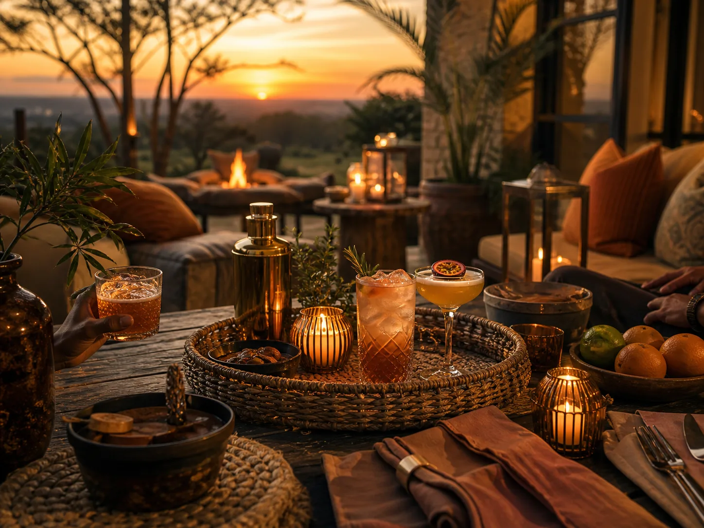 Golden-hour private villa sundowner table with cocktails